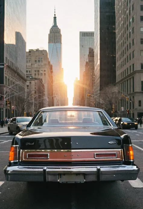 ClassicMuscleCar, gleaming black Ford LTD, front side view, Manhattan skyscrapers cityscape background, late afternoon sunset, warm colors, 4K, highly detailed, (stylish grainy analog 35mm film photo)