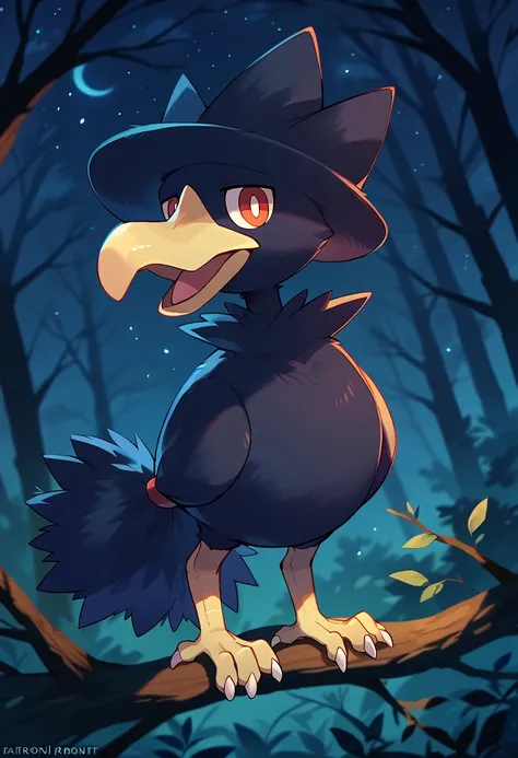 score_9, score_8_up, score_7_up, score_6_up, source_furry, solo, dof, full-length portrait, blurred background,  <lora:POKEMON_MURKROW:1> murkrow, pokemon (creature), avian, feral, night time, rimlight,