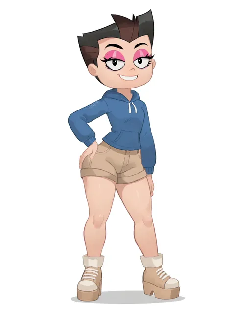 score 7 up,score_6_up,highres <lora:guy_hamdon:0.7>,blue hoodie,beige shorts,black platform footwear, solo,guy hamdon,spiked hair,black hair,front view,big ass,(wide hips:0.6),hand on own hip, parody,smile,white background, pink eyeshadow, eyelashes,1girl