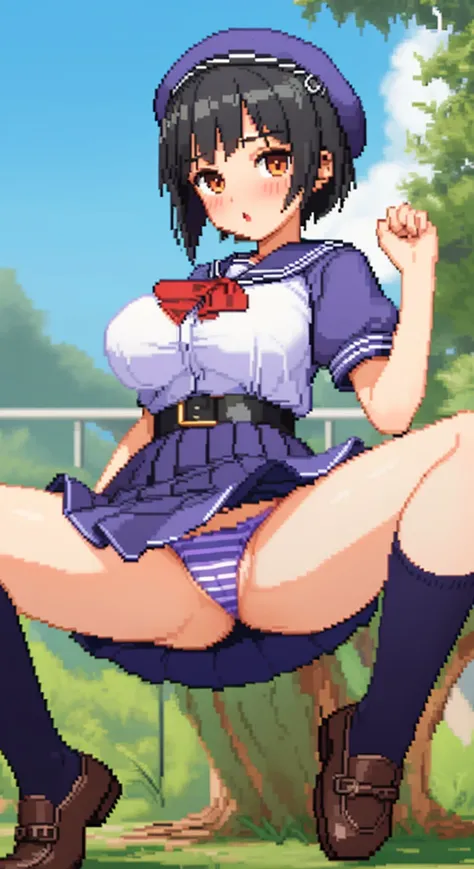 (sfa3 style, pixel art:1.2), 1girl, 18 teen, squatting, spread legs, black bobcut hair, long eyelashed, red lipstick, blushing, schoolgirl uniform, blue beret, large breasts, breasts exposed, pleat skirt, narrow waist,  thigh highs, striped panties, pantie...