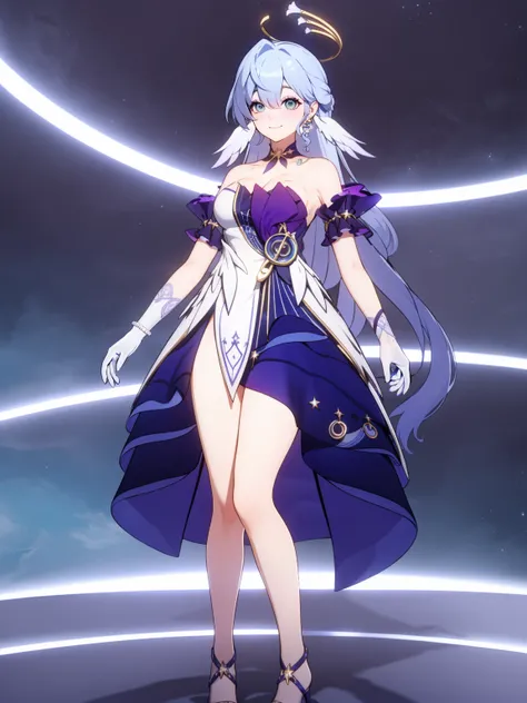 ,3D,mod,robin (honkai star rail),1girl,breasts,solo,gloves,long hair,white gloves,dress,blue hair,halo,white dress,sky,bare shoulders,
standing,feet out of frame,green eyes,star (sky),looking at viewer,jewelry,smile,wings,closed mouth,earrings,very long ha...