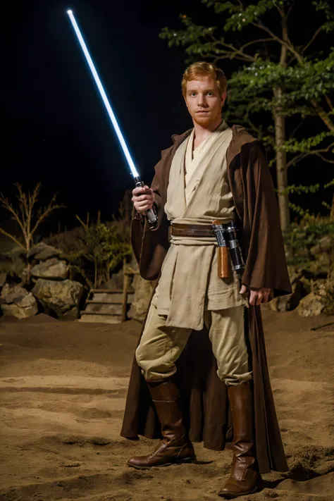 Star Wars, standing, ginger hair, slight facial scruff, EricBlaine  in jedioutfit, holding light saber, (male focus:1.3),  ((full body portrait)), wide angle,   <lora:EricBlaine:0.8>  <lora:jedioutfit:0.8>