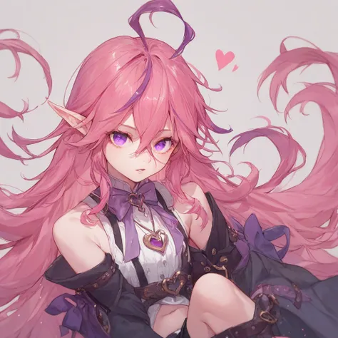 score_9, score_8_up, score_7_up, 1girl, pink hair, hair spread out, hair between eyes, very long hair, bowtie, parted lips, pointy ear, purple eyes, sleeves past wrists, black sleeves, black shorts, belt, detached sleeves, ahoge, heart necklace, navel