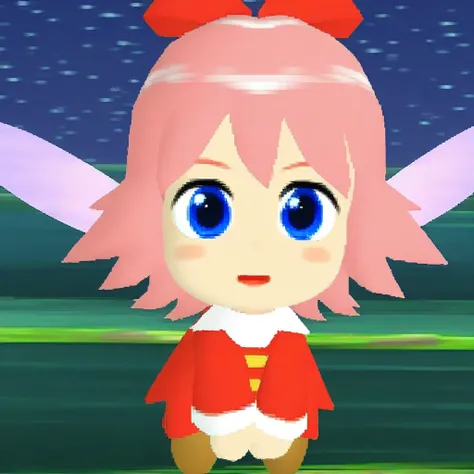 brown boots, red bow on hair, legsless, red dress, short  pink hair, long sleeves, white collar, Ribbon, blue eyes, fairy wings attached to back