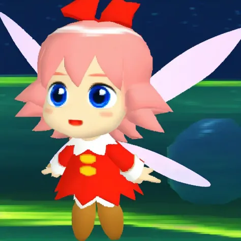 red dress, red bow on hair, brown boots, white collar, long sleeves, short  pink hair, fairy wings attached to back, legsless, Ribbon, blue eyes