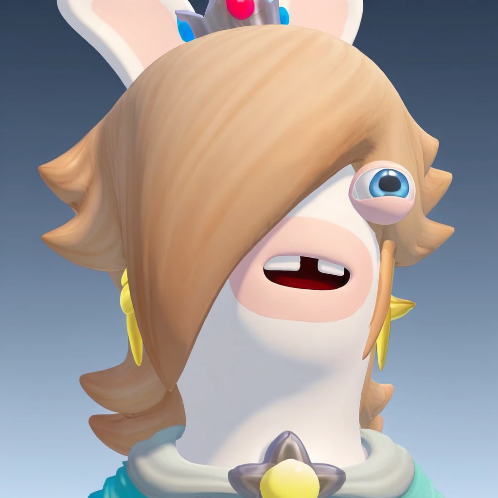 bang covering eye, rabbit ears, earrings, blue dress, Rabbid Rosalina, blue eyes, blonde hair, white rabbit, female anthro, rabbit  ears