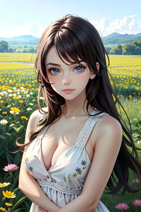 ((ultra detailed, masterpiece, absurdres))
 <lora:MGSQuiet:0.8>
MGSQuiet, 1girl, brown hair, long hair, looking at viewer, close-up of a model, floral summer dress, field of wildflowers, natural daylight, soft focus