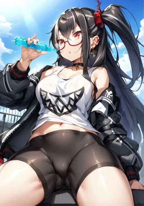 <lora:U47_XL_v1.0:0.8>,u47_(azur_lane), multicolored_hair,long_hair,one side up,red eyes,hair ornament,cross_earrings,cross_choker, semi-rimless_eyewear, jacket, tank_top, bike shorts,from below,  leaning back, railing,holding ramune,, masterpiece, best qu...