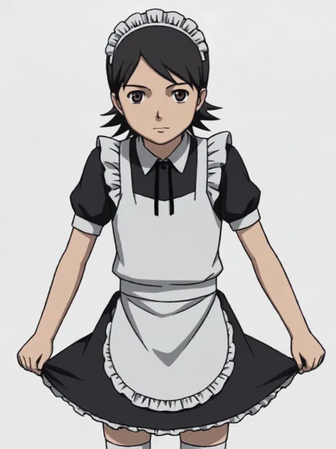 score_9, source_anime, BREAK, white background, <lora:Chai_PDXL:0.8> chai, flat chest, frilled apron, white legwear, frilled dress, maid, maid headdress, aged up