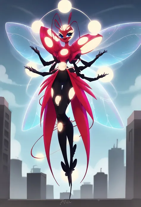 BREAK score_9, score_8_up, score_7_up, source_anime, 1girl, tikki_creation, anthro, humanoid ladybug, 4 arms, five fingers, 6 translucent white wings, light blue glow on the wings, long black legs, 4 antennae, 8 glowing white spheres, points of white light...