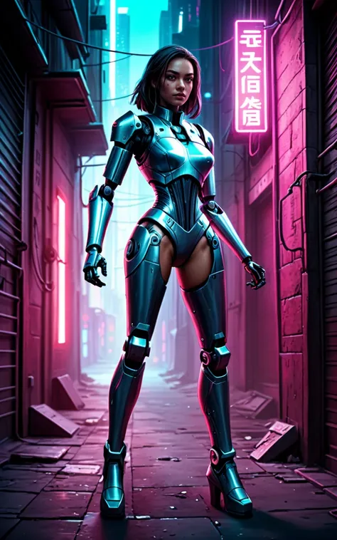 a woman   cyberbotgilzv1  <lora:CyberBotGilzV1:0.75>    fighting in a dark alley in a neon city