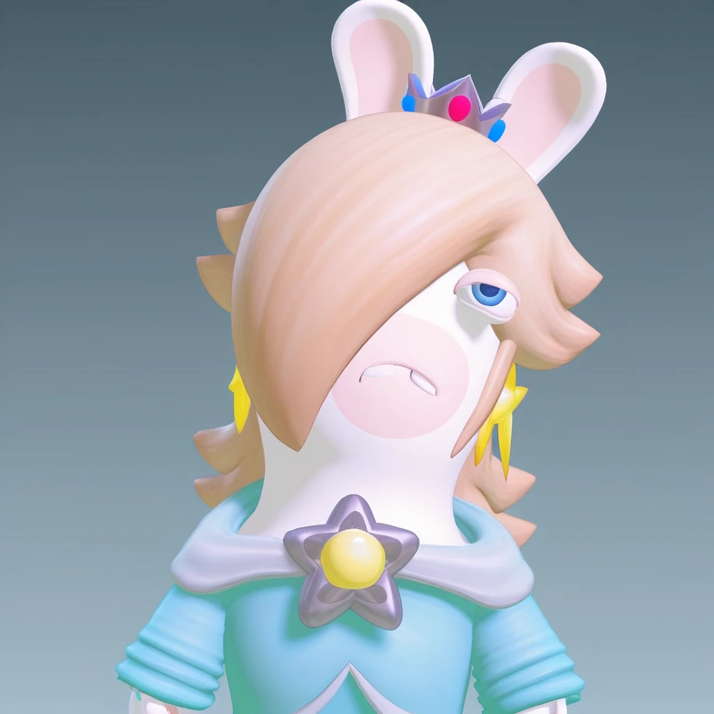 bang covering eye, rabbit ears, earrings, blue dress, Rabbid Rosalina, blue eyes, blonde hair, white rabbit, female anthro, rabbit  ears