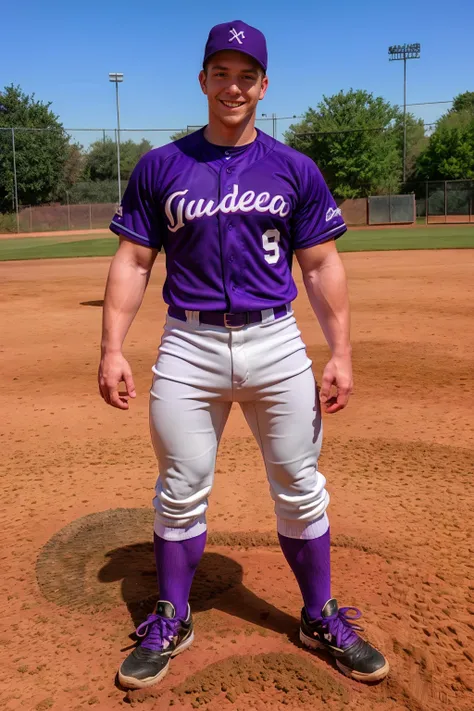 baseball field, outdoors, standing in the dirt, second base, EricBlaine is a baseballplayer, slightly smiling, baseball uniform, (purple jersey:1.3), (white pants:1.2), (gold socks), long socks, purple baseball cap, (black sneakers), (mitt), ((full body po...