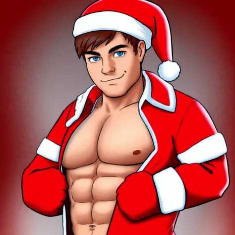 <lora:messagemates_stuart:0.7>
solo, masterpiece,
messagemates_stuart, human, brown hair, tan skin, blue eyes, muscular,
santa suit, santa hat, wink,