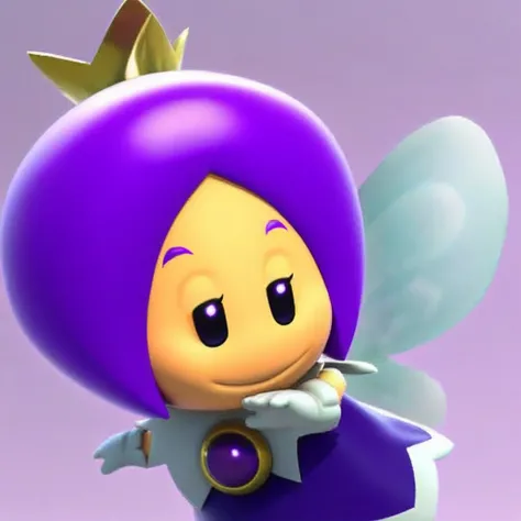 sprixie, white gloves, purple dress, short purple hair, white color, gold crown, black dot eyes, fairy wings attached to back