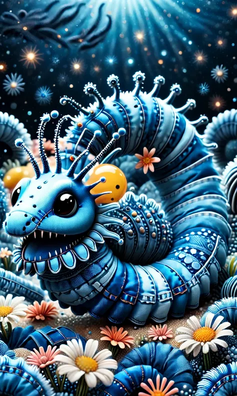 happy Millipede made of distressed denim  in sea of stars. Depth of field, professional, highly detailed dynamic lighting, photorealistic, 8k, raw, rich, intricate details, vivid colors  <lora:denimv12-000010:1.5>