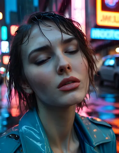 In a gritty, neon-lit urban landscape, EM3R4LD5, a woman of ethereal beauty, is captured in a dramatic close-up. Her eyes are closed, her lips parted slightly and painted a vibrant shade of electric blue, as she gazes intently at the viewer from within the...