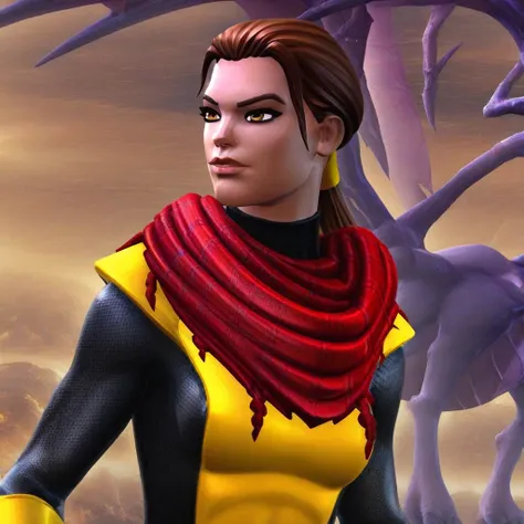 red scarf, x symbol belt buckle, yellow boots, Kitty, black and yellow bodysuit, hazel eyes, yellow gloves, yellow belt, brown hair ponytail