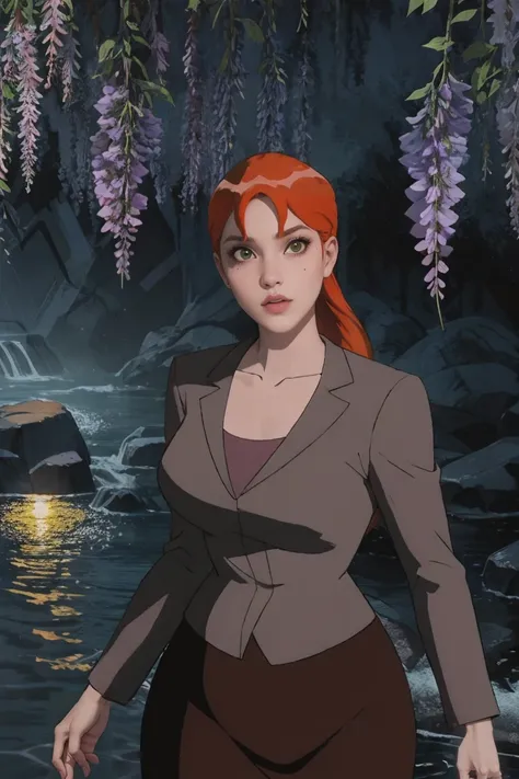 masterpiece, best quality, high quality, highres, wading,looking at viewer,solo,water, sunset, onsen, wisteria,moody lighting, BREAK, 
CARTOON_PepperPotts_emh_ownwaifu, www.ownwaifu.com, 
1girl, green eyes, orange hair, long hair, ponytail, freckles, lipst...