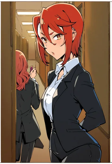 score_9, score_8_up, score_7_up, score_6_up, score_5_up, score_4_up, sauce_anime, sasaki kirika, red hair, short hair, big breasts, black blazer, formal, white collared shirt, black pants, hallway, looking at you, chestnut mouth, from side, office lady