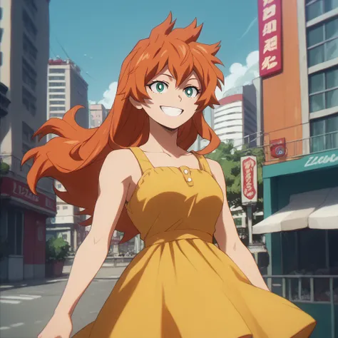 <lora:SlimesKendo:1>, score_9, score_8_up, score_7_up, slimes_kendo, orange hair, long hair, woman, solo, yellow sundress, city background, smiling