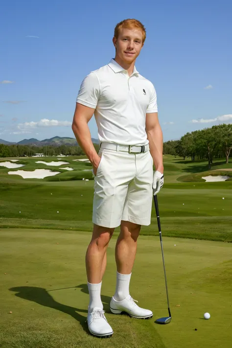 (golf course with rolling hills), spring morning, slight smile, ginger hair, (EricBlaine) is a golfer, wearing black shorts, white polo shirt, white socks, golf shoes, holding golf club (((full body portrait))), wide angle   <lora:EricBlaine:0.8>