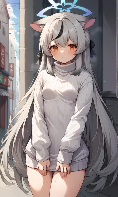 score_9, score_8_up, score_7_up, score_6_up, BREAK source_anime, 1girl, solo, outdoors, street, standing, cowboy shot, looking at viewer, kokona, orange eyes, grey hair, very long hair, streaked hair, animal ears, halo, ribbed sweater, sweater dress, turtl...