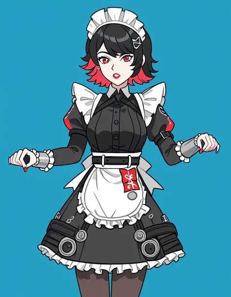 score_9, score_8_up, score_7_up, (Cultist_Simulator:1.2), 1girl, ellen joe, multicolored hair, black hair, red hair, maid uniform, looking at viewer, dynamic pose, simple background, blue background, blue theme, (minimalistic:1.2), flat colors, <lora:style...