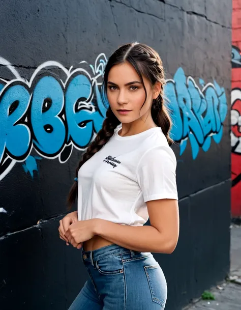 nat-24, woman-b, solo, ( looking_at_viewer), (long dark hair, braid over shoulder), small breasts, shirt and jeans, 3/4 body shot, posing in front of a wall covered in graffiti. break. magazeen cover shoot, Break hig res, photo relistic, 8k, uhd, epic cine...