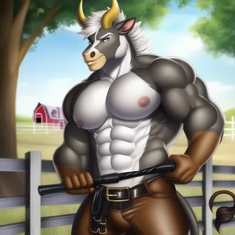 Handsome, muscular, anthro, cowboy clothing, leather whip,  outside on a farm