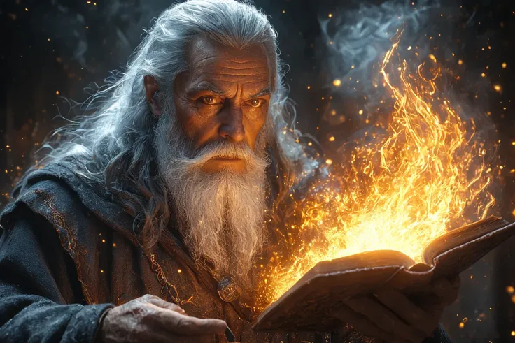 A photorealistic cinematic close up of an old wizard with long grey hair and beard, glowing eyes made of fire holding his magic book on fire in one hand while casting the spell triorma from it, orange sparks flying around him, high contrast, epic lighting,...