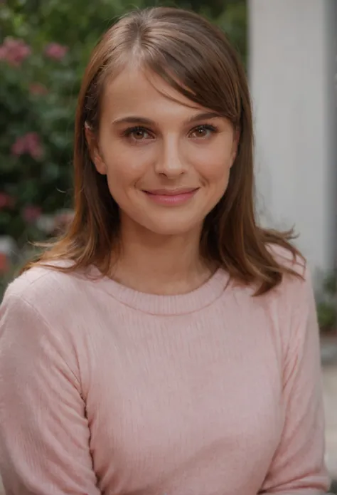 score_9, score_8_up, score_7_up , NataliePortman, 1girl, solo, (swept bangs:1.35), looking at viewer, smile, closed mouth, brown hair, brown eyes, lips, realistic, pink sweater, outdoor