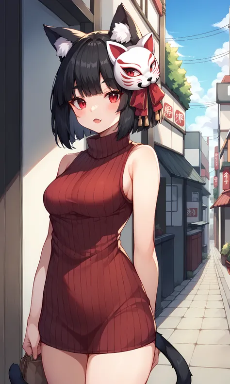 score_9, score_8_up, score_7_up, score_6_up, BREAK source_anime, 1girl, solo, outdoors, street, cowboy shot, standing, looking at viewer, yamashiro, red eyes, black hair, short hair, bangs, mismatched eyebrow, cat ears, cat tail, mask on head, cat mask, ri...