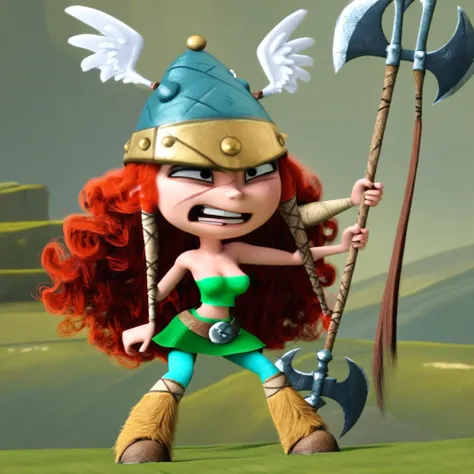 green tube top, fur boots, scar across face, green mini skirt, 3d, bear shoulders, blue leggings, black eyes, Long curly red hair, belt, viking helmet, wings on top of helmet, Barbara