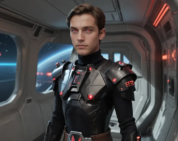 score_9, score_8_up, score_7_up, Iokath-Annhilator, Star Wars, 1boy, solo, male focus, round face, puffy eyes, gloves, brown hair, glowing red eyes, turtleneck, breastplate, realistic, standing, spacecraft interior, dark, dim, neon lights, waist up, armor,...