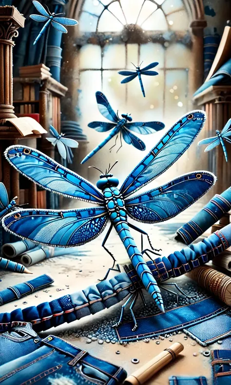 cheerful Dragonfly made of distressed denim  in abandoned library. Depth of field, professional, highly detailed dynamic lighting, photorealistic, 8k, raw, rich, intricate details, vivid colors  <lora:denimv12-000010:1.5>