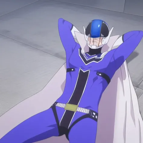 blue keeper, blue helmet, white cape, white gloves, blue bodysuit, scars, lying down, arms behind head