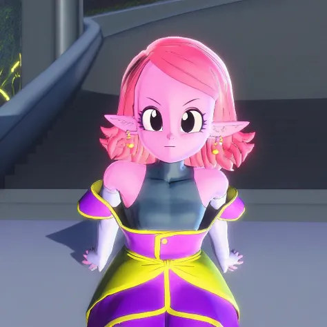 bare shoulders, black undershirt, purple dress, black  eyes, Kai, purple pants, white sleeves, pink skin, pink hair, female anthro, 3D, yellow   earrings, pointy  ears