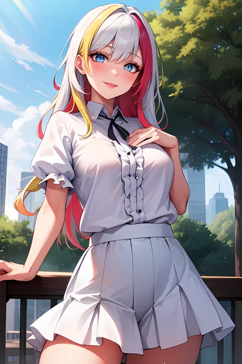 masterpiece, best quality, +_+, hair intakes, (multicolored hair, multicolored eyes), long hair, yellow eyes, frills, white shirt, loose shirt, puffy short sleeves, juliet sleeves, 1girl, solo, kind smile, pastel blue skirt, (beautiful detailed eyes), city...