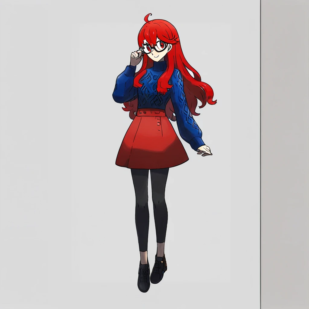 1girl, solo, full body, red eyes, red hair, long hair, hair down, glasses, ahoge, blue sweater, red skirt, black leggings, black shoes, smile,