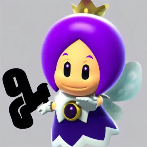 sprixie, gold crown, black dot eyes, white gloves, purple dress, fairy wings attached to back, short purple hair, white color