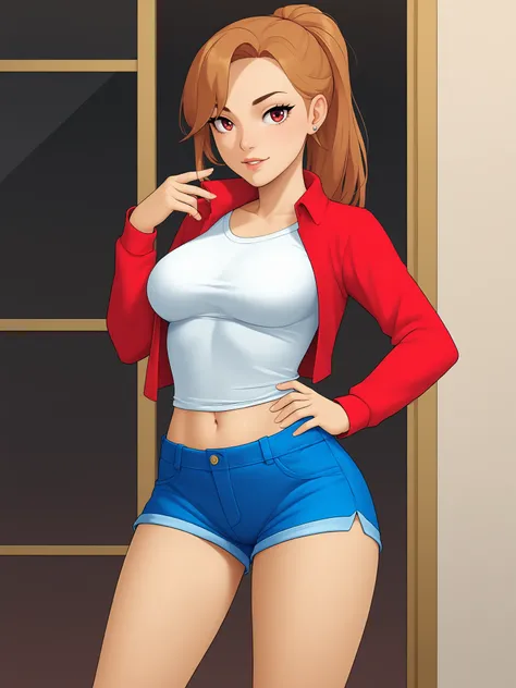 1girl, shirt,shorts,looking at viewer, standing, score 9 up, score 8 up, score 7 up, highres, absurdres,
 <lora:yuruyakatous_Cosplay_Josou_de_HHH__Namaiki_Yankee_ga_Josou_o_Shitara_Doujin_Artstyle_Blend_PonyXL:1>