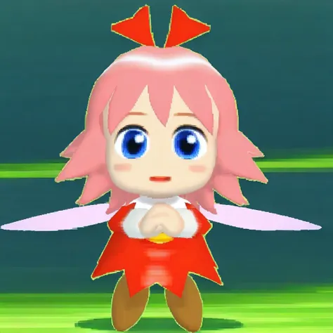 brown boots, red bow on hair, legsless, red dress, short  pink hair, long sleeves, white collar, Ribbon, blue eyes, fairy wings attached to back