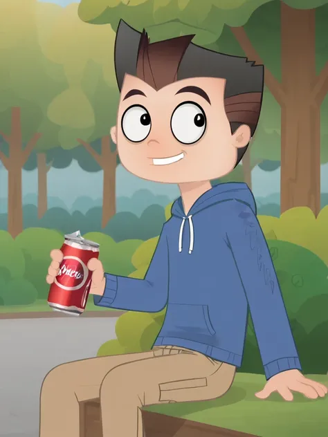 score_6_up,highres <lora:guy_hamdon:0.8>,blue hoodie,beige cargo pants, solo,guy hamdon,spiked hair,black hair, parody,sitting,,trees,bushes,park,smile,looking to the side, holding soda can,