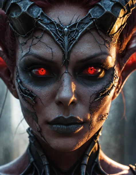 Epic dystopian closeup photo of beautiful demon woman, epic light