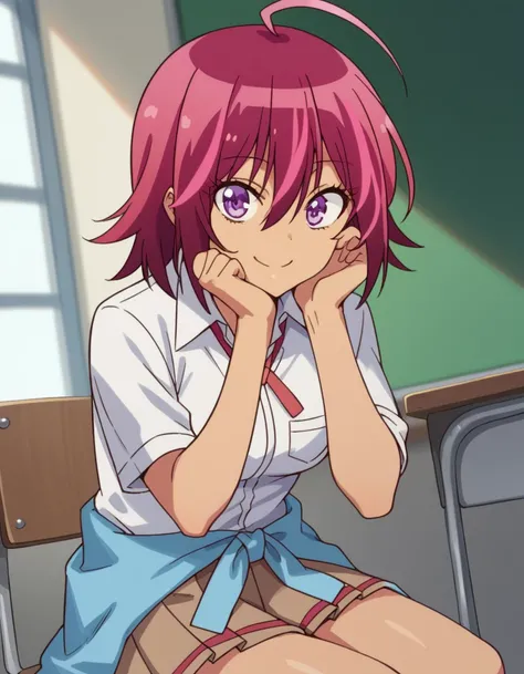 score_9, score_8_up, score_7_up, source_anime, <lora:uruka-takemoto-s2-ponyxl-lora-nochekaiser:1>, uruka takemoto, medium hair, purple eyes, pink hair, ahoge, red hair, medium breasts,, skirt, shirt, school uniform, white shirt, clothes around waist, brown...