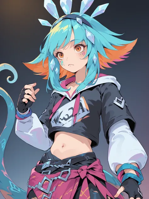 score_9,1girl,solo,torn clothes,torn pants,fingerless gloves,black gloves,multicolored hair,hood,orange eyes,hood down,hairband,bangs,cropped hoodie,black pants,navel,blue hair,orange hair,short hair,facial mark,crystal,black hairband,<lora:neekoxlv2:1>,ta...