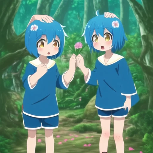 forest, food, headpat, :o, shorts, animal, open mouth, flower, blue hair, sisters