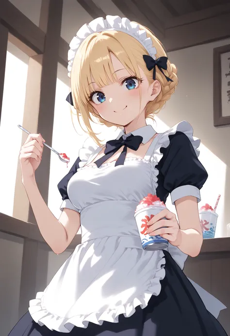 score_9, score_8_up, score_7_up, source_anime,
1girl,solo,medium breasts, maid, maid headdress,
shaved ice,<lora:shavedice_Pony_v1:0.8>
holding drinking straw, spoon straw, eating,
from below, feet out of frame, looking down, blonde hair, black eyes,crazy ...