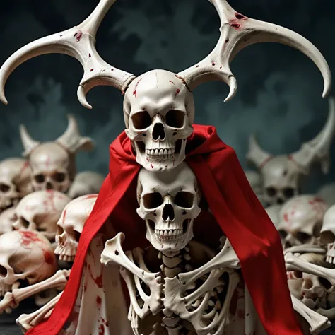 no humans, red eyes, skulls, skull, gradient, horns, cape, skeleton, 1boy, bones, blurry